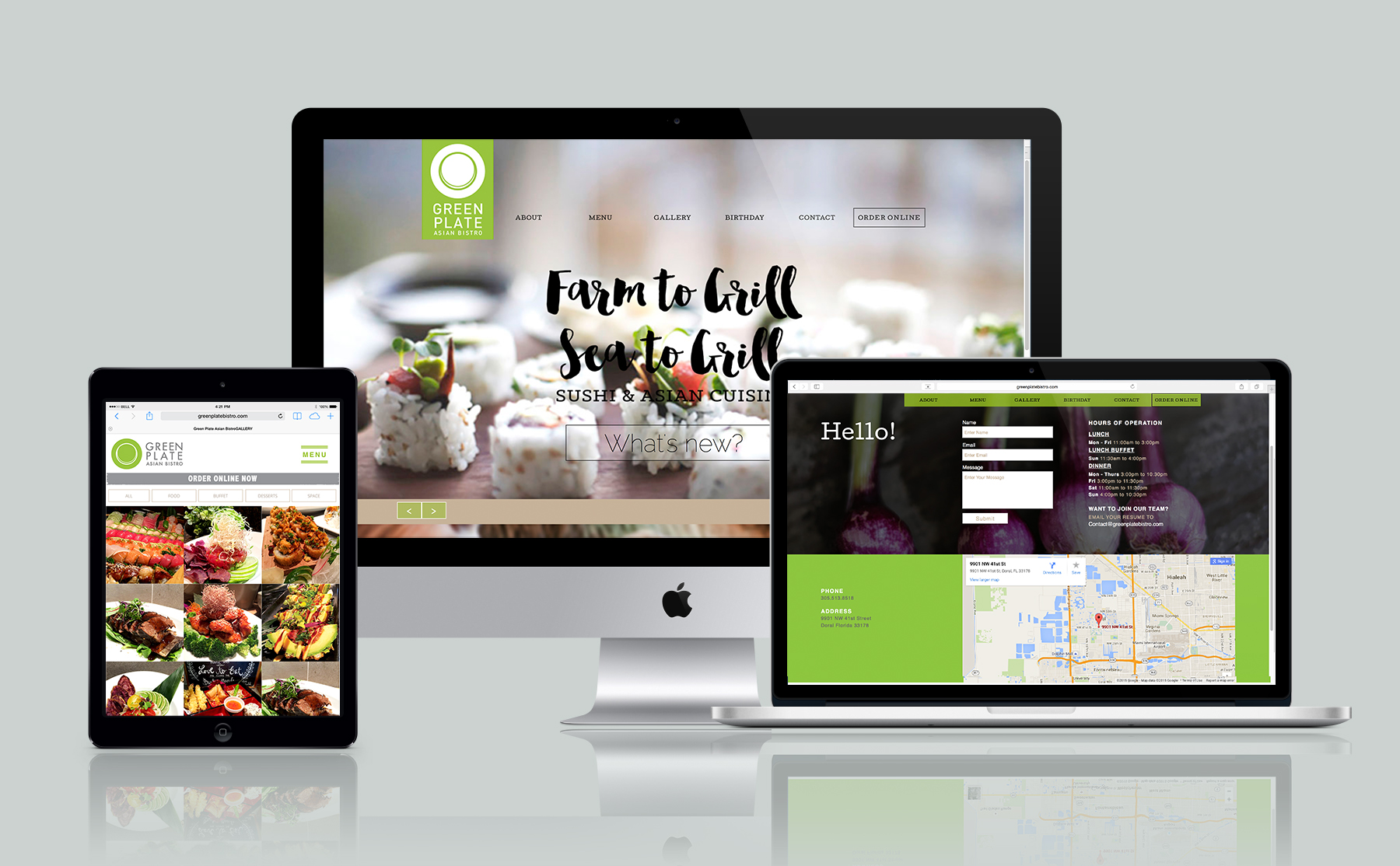 green plate restaurant website shown on phone laptop and desktop
