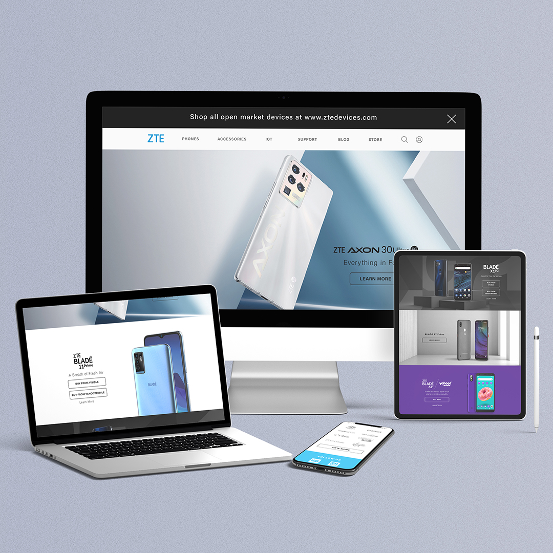 zte website design shown on phone tablet desktop and laptop